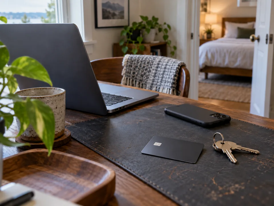 AI-generated editorial illustration of a plain bank card, house keys and devices used for rental payment checks.