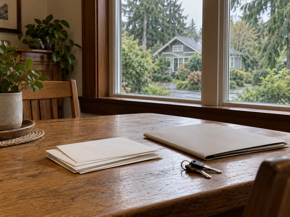 AI-generated editorial illustration of house keys and blank household paperwork beside a Pacific Northwest home window.