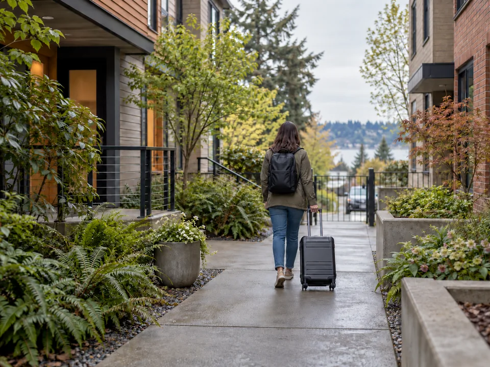 AI-generated editorial illustration of an apartment resident leaving a Pacific Northwest courtyard with a suitcase.