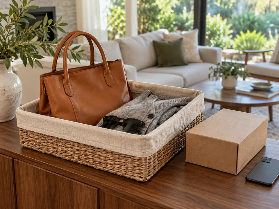 AI-generated editorial illustration: unbranded belongings are safely gathered beside a plain return-shipping box in a furnished home.