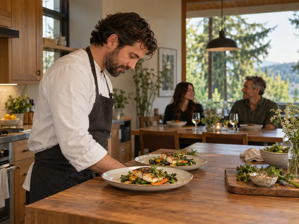 AI-generated editorial illustration: a private chef prepares dinner for guests in a Pacific Northwest-style home kitchen.