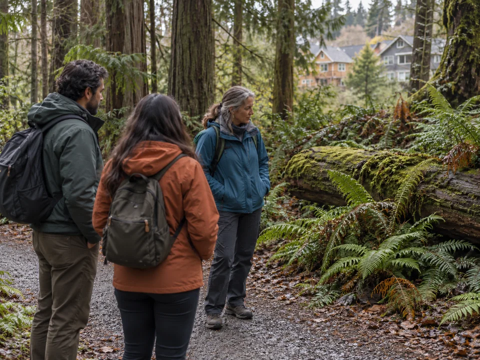 AI-generated editorial illustration: a guide and two visitors share a local woodland experience in a Pacific Northwest residential setting.