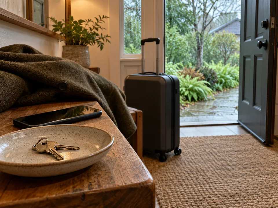 AI-generated editorial illustration: house keys and a packed suitcase beside a rental-home entrance suggest changing travel plans.