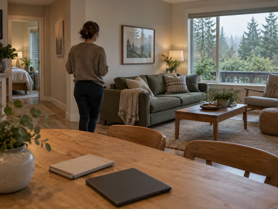 AI-generated editorial illustration of a property manager inspecting a prepared furnished rental living room.