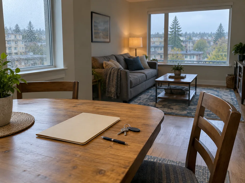 AI-generated editorial illustration of keys and a closed folder in a vacant furnished apartment.