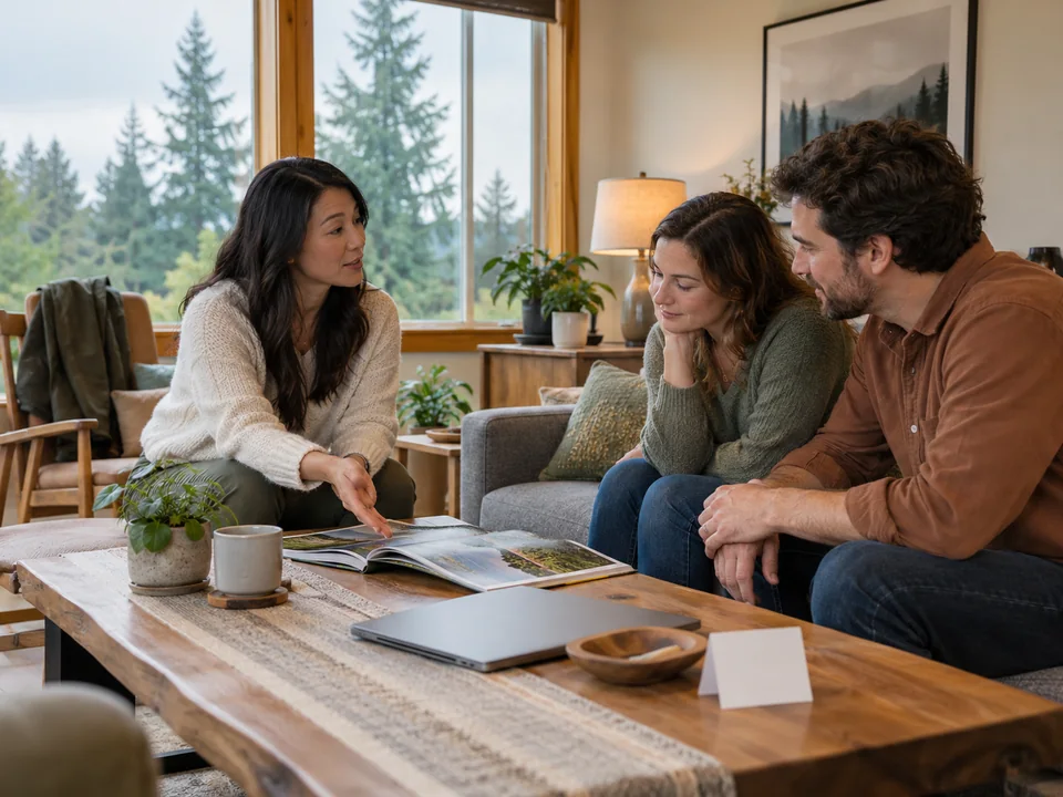 AI-generated editorial illustration of a host discussing local activities with guests in a furnished living room.
