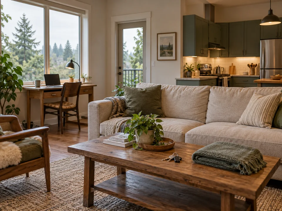AI-generated editorial illustration of a furnished rental living room with a work desk and keys.