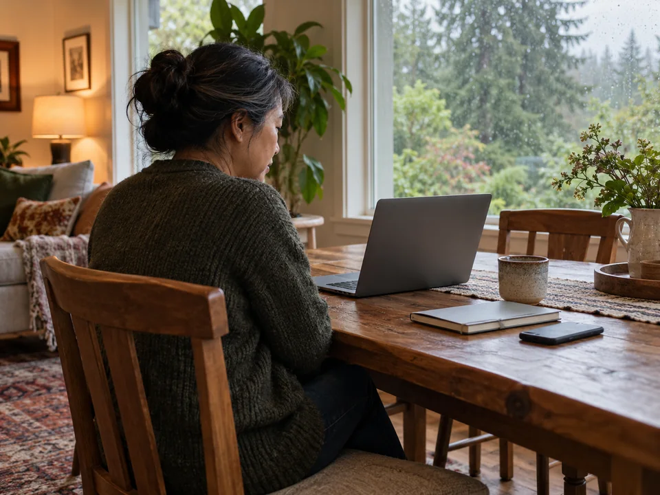 AI-generated editorial illustration: a rental host thoughtfully reviews a laptop in a Pacific Northwest-style home.
