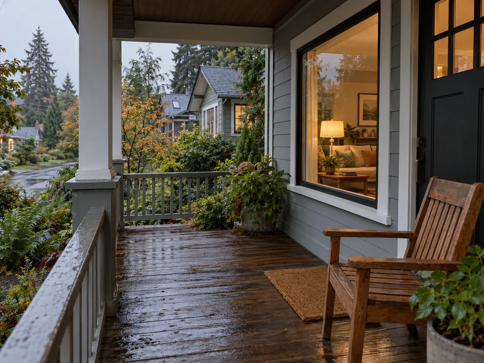 AI-generated editorial illustration of a quiet, guest-ready Pacific Northwest home porch after rain.