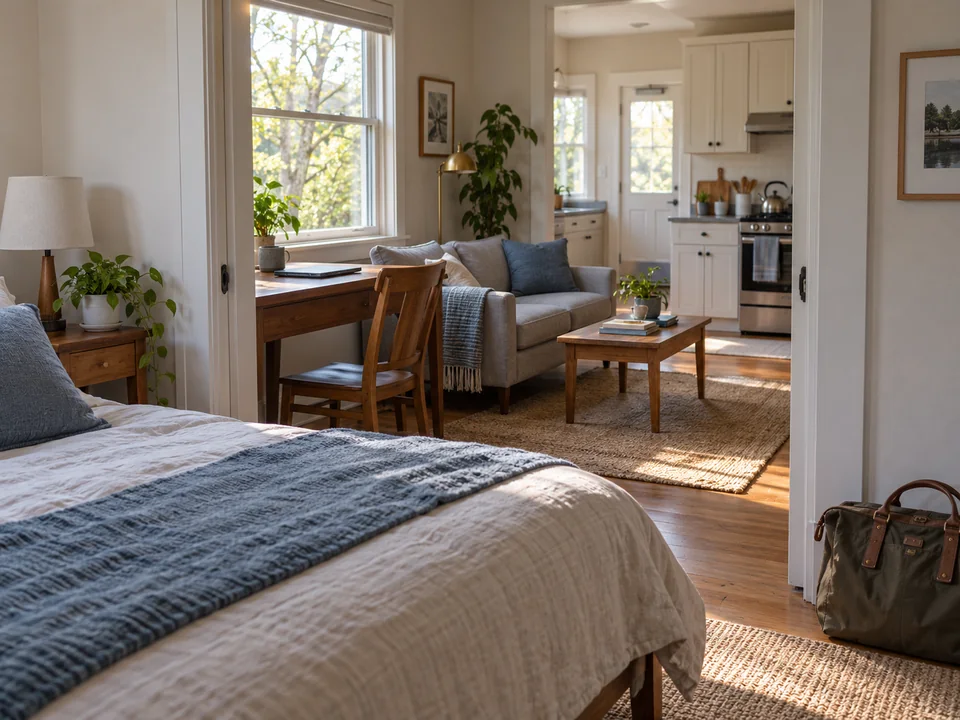 AI-generated editorial illustration of a private furnished one-bedroom apartment with a workspace and kitchen.