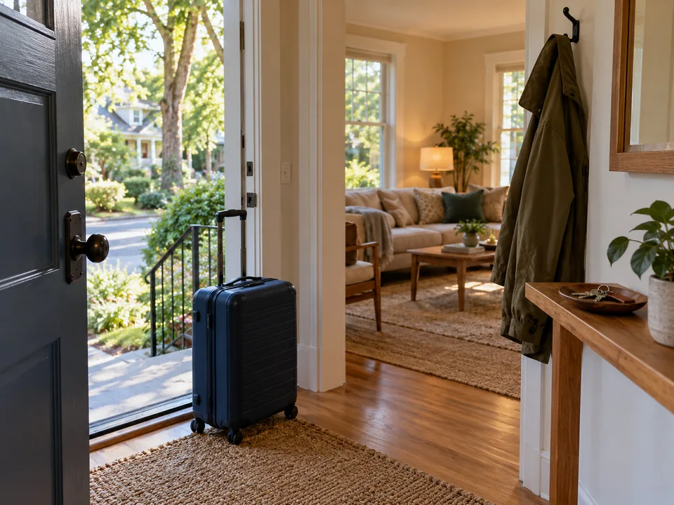 AI-generated editorial illustration of luggage and keys at a furnished temporary home's entrance.