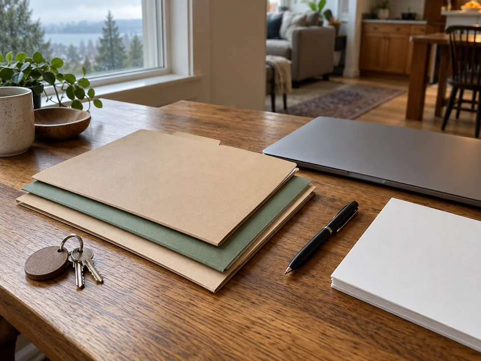 AI-generated editorial illustration of organized property folders, keys and a closed laptop on a desk.