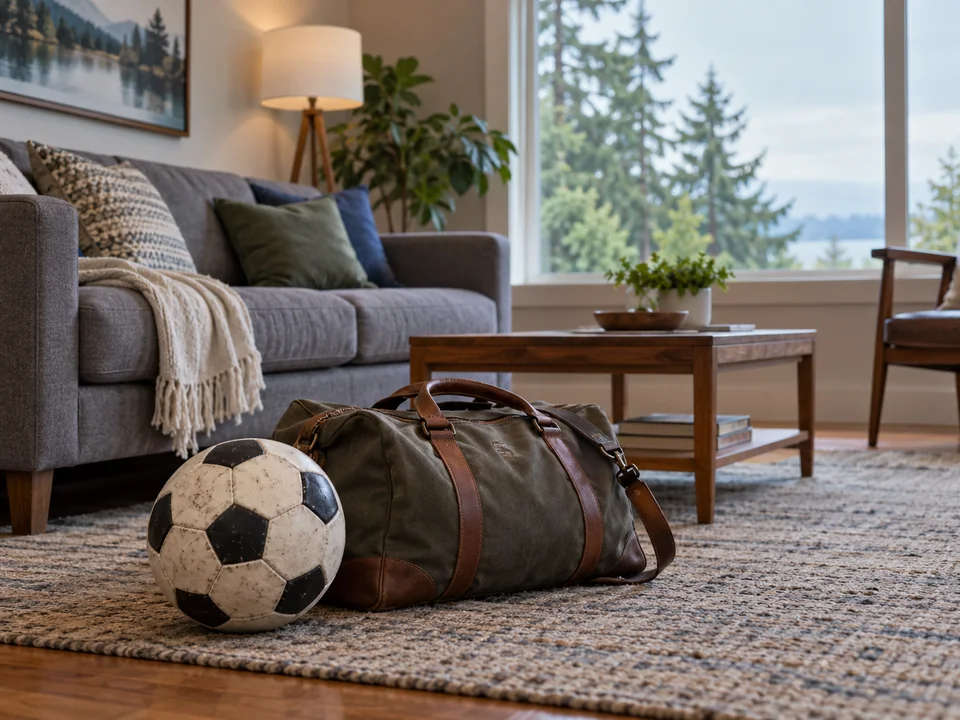 AI-generated editorial illustration of a soccer ball and travel bag in a quiet furnished rental room.