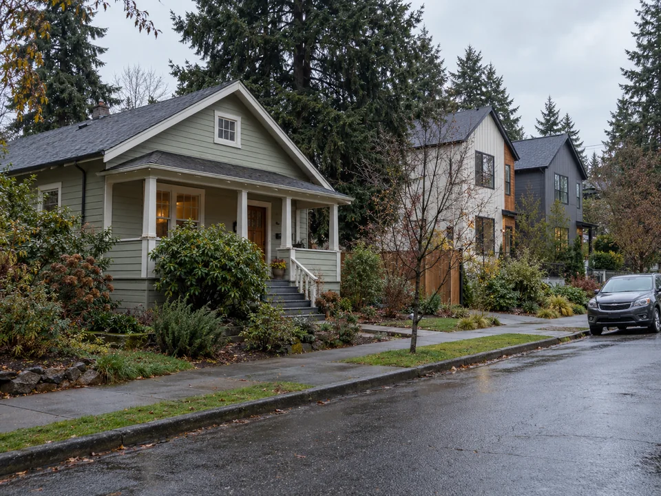 AI-generated editorial illustration of an older bungalow and newer homes on a Pacific Northwest residential street.