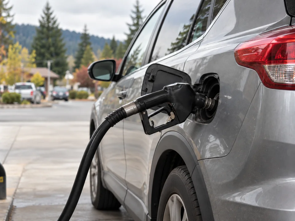 AI-generated editorial illustration of a car being refueled, representing travel costs.