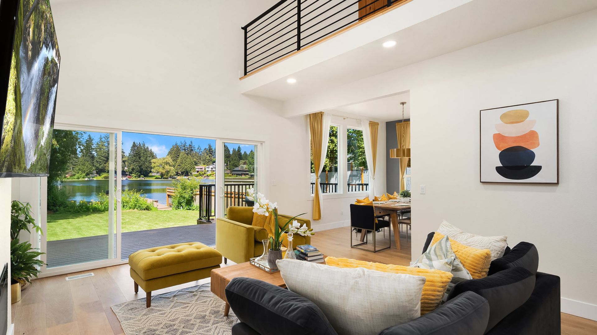 A lake-view living room styled by Snowball