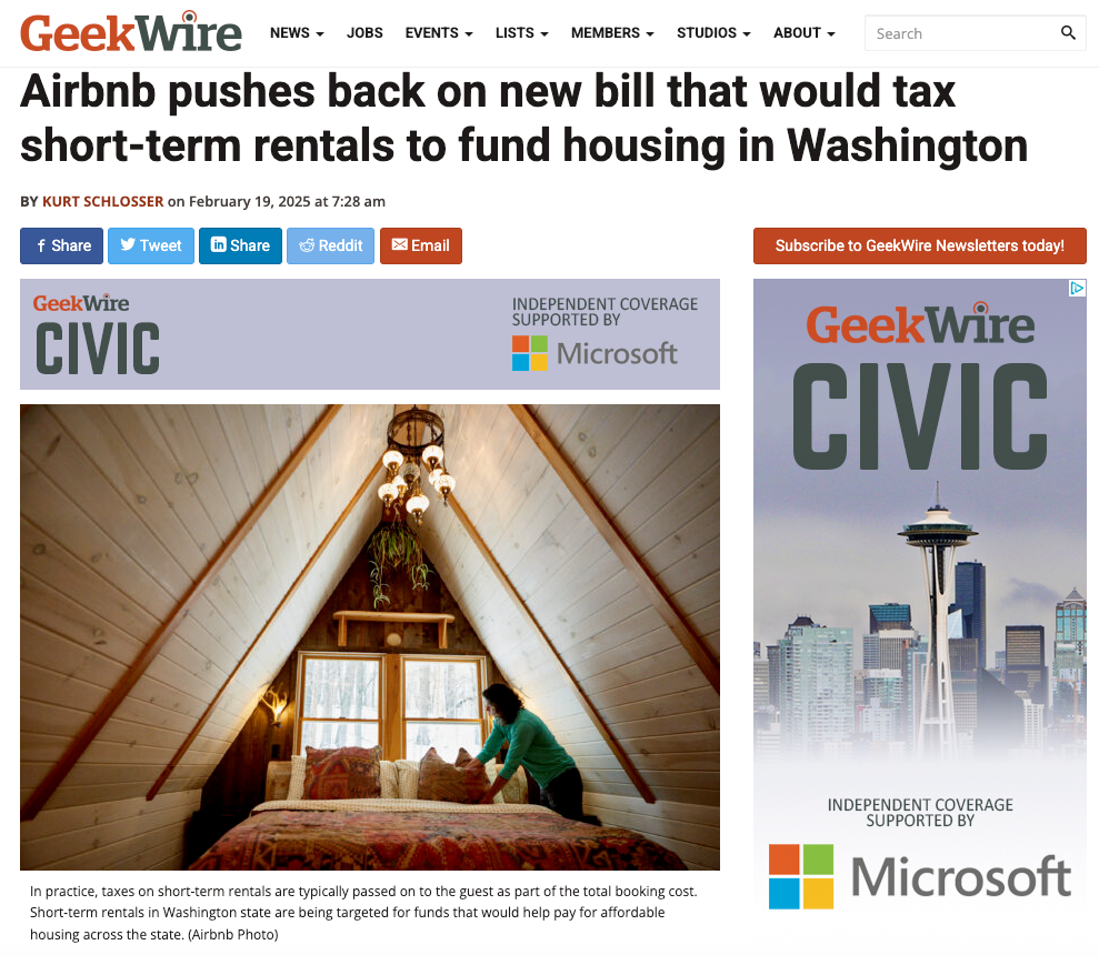 GeekWire screenshot quoted in the original, by Kurt Schlosser, February 19, 2025. Image credited to Airbnb; not the Snowball case property.