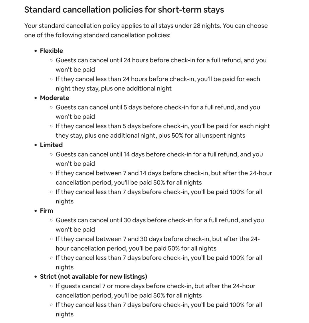 Complete shorter-stay cancellation table preserved on PDF page 2, covering Flexible, Moderate, Limited, Firm and Strict (not available for new listings). The English table is retained in full; it is not the monthly-stay refund policy.