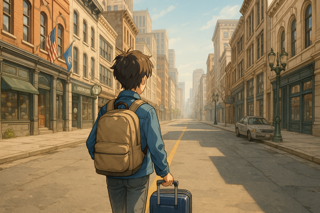 Original traveler-and-street illustration; not evidence of a particular guest, real location or case property.