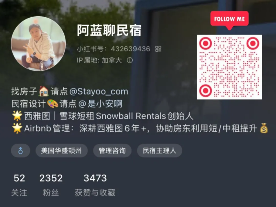 原图为作者历史账号简介,非本篇案例房源。图中文字:阿蓝聊民宿;小红书号432639436;IP属地加拿大;找房子请点@Stayoo_com;民宿设计请点@是小安啊;西雅图雪球短租Snowball Rentals创始人;Airbnb管理,深耕西雅图6年+,协助房东利用短/中租提升收益;美国华盛顿州,管理咨询,民宿主理人;52关注、2352粉丝、3473获赞与收藏。仅为原图时点信息。